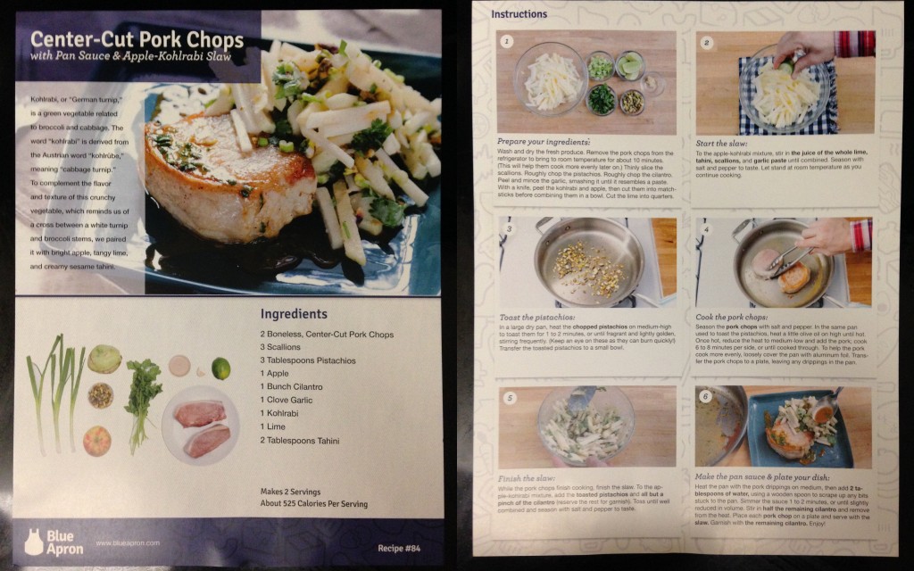 collage of blue apron center-cut pork chops recipe card