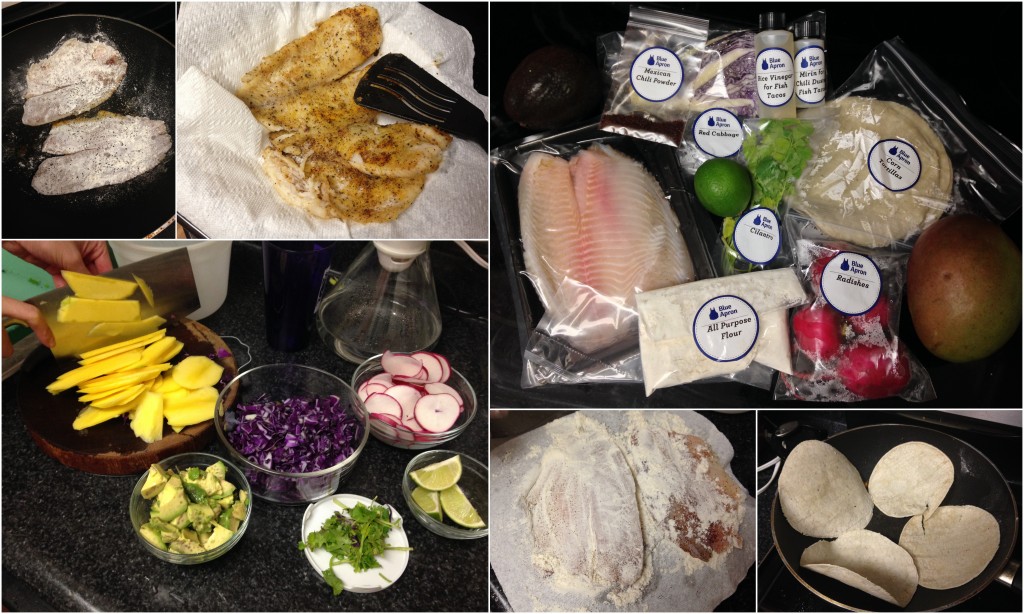 collage of blue apron chili-dusted fish tacos ingredients and meal being cooked