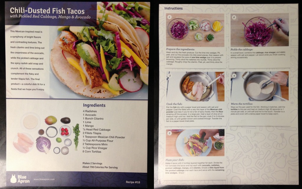 collage of blue apron chili-dusted fish tacos recipe card