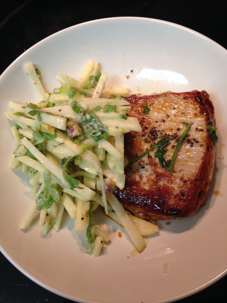 blue apron center-cut pork chops with pan sauce & apple-kohlrabi slaw finished product