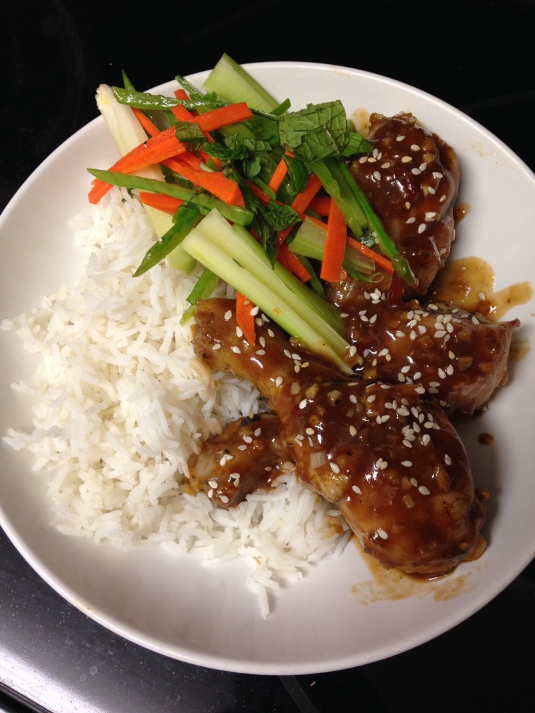 blue apron sweet & sour bbq drumsticks with snow pea, carrot, & celery salad finished product