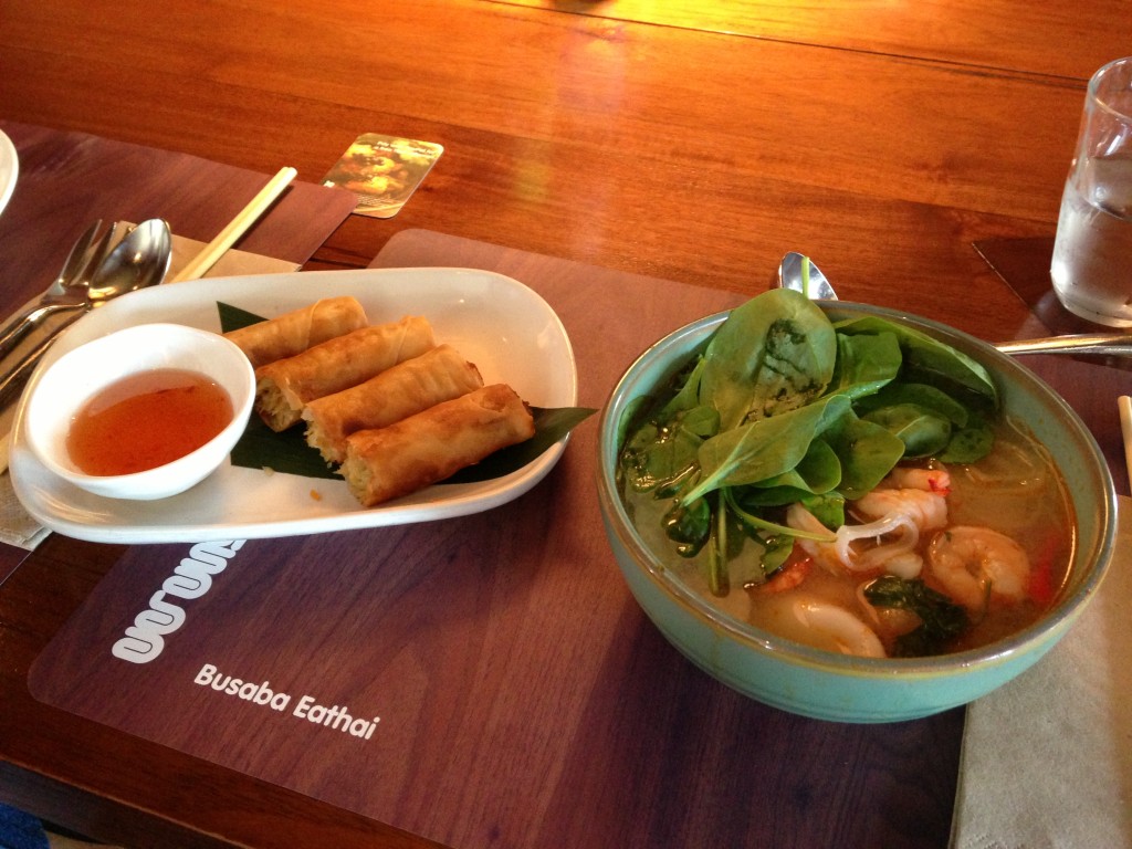 spring rolls and noodle soup at busaba eathai restaurant