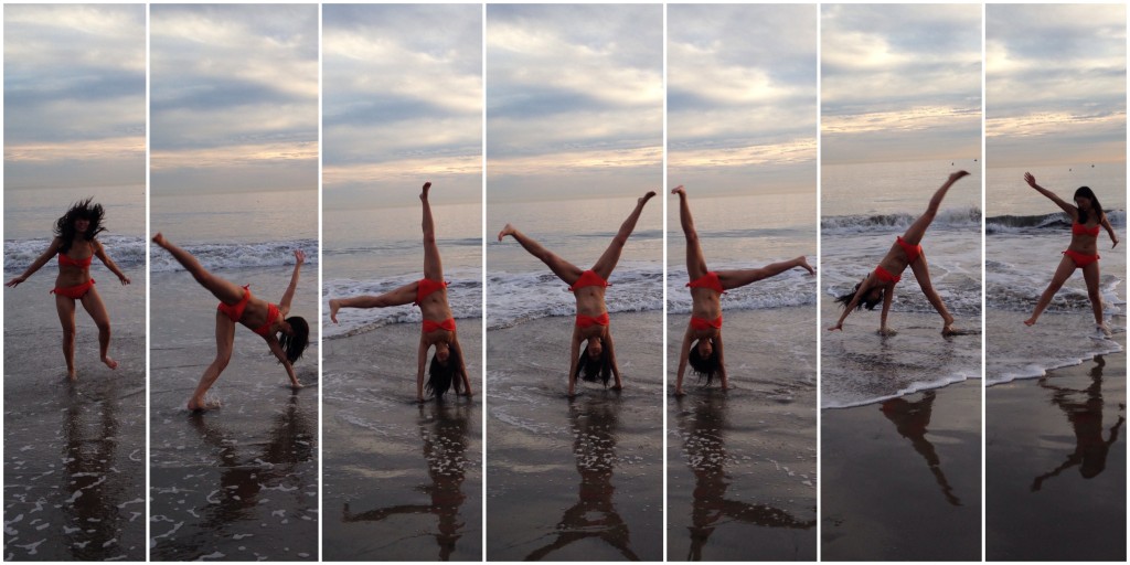 collage of girl in orange bikini doing cartwheel at beach by ocean
