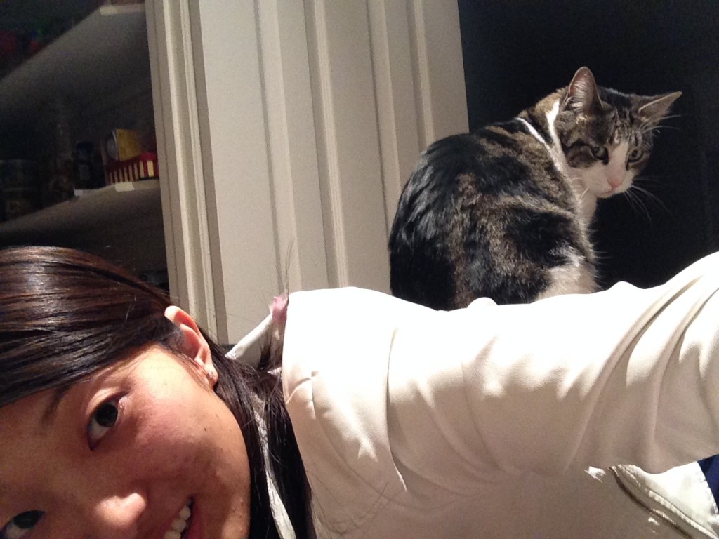 person leaning over with cat sitting on back