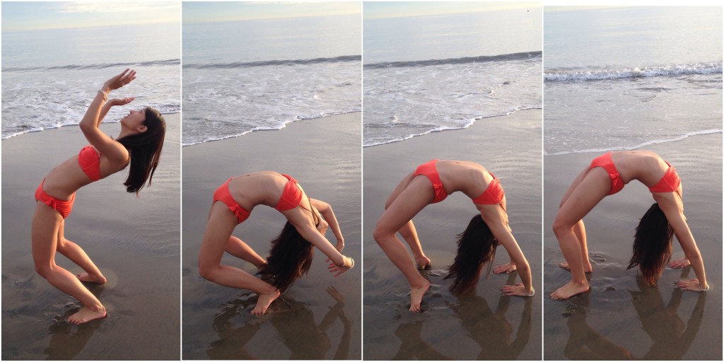 collage of girl in orange bikini bending backwards into backbend