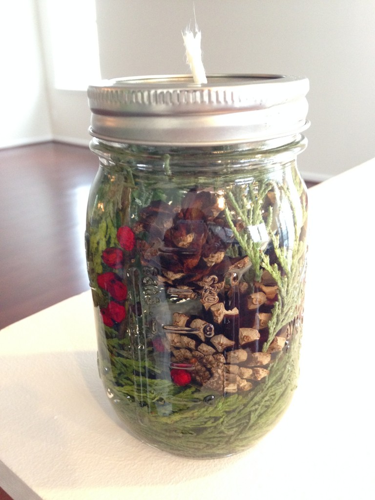 evergreen oil lamp from homegrown collective november 2013 box made with pine cones, evergreen clippings, berries, and parrafin oil in mason jar