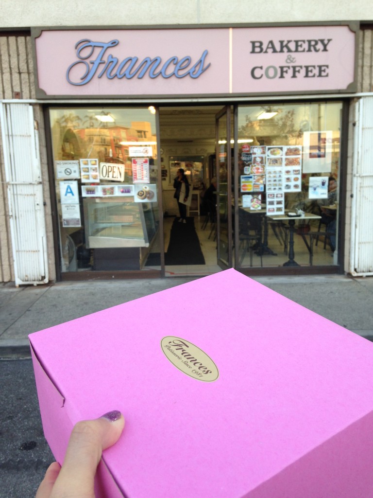 frances bakery shop and pink box of cronuts in little tokyo area of los angeles