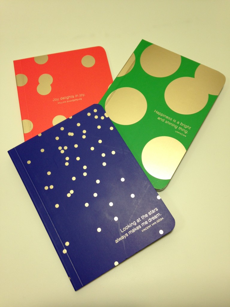 set of three notebooks by green inspired in blue, green, and red with gold dots and quotes
