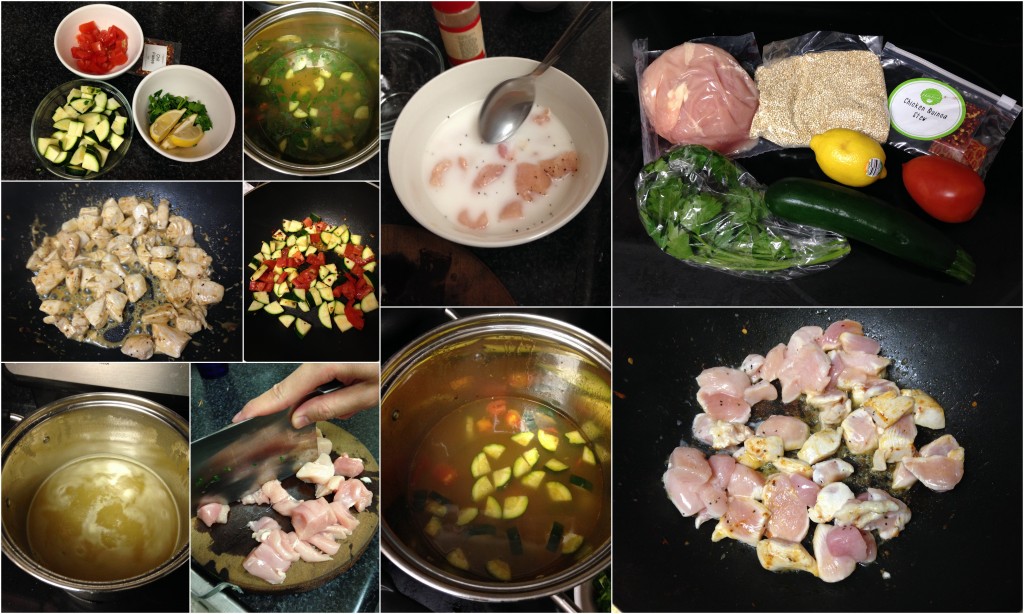 collage of hello fresh chicken quinoa stew ingredients and meal being made