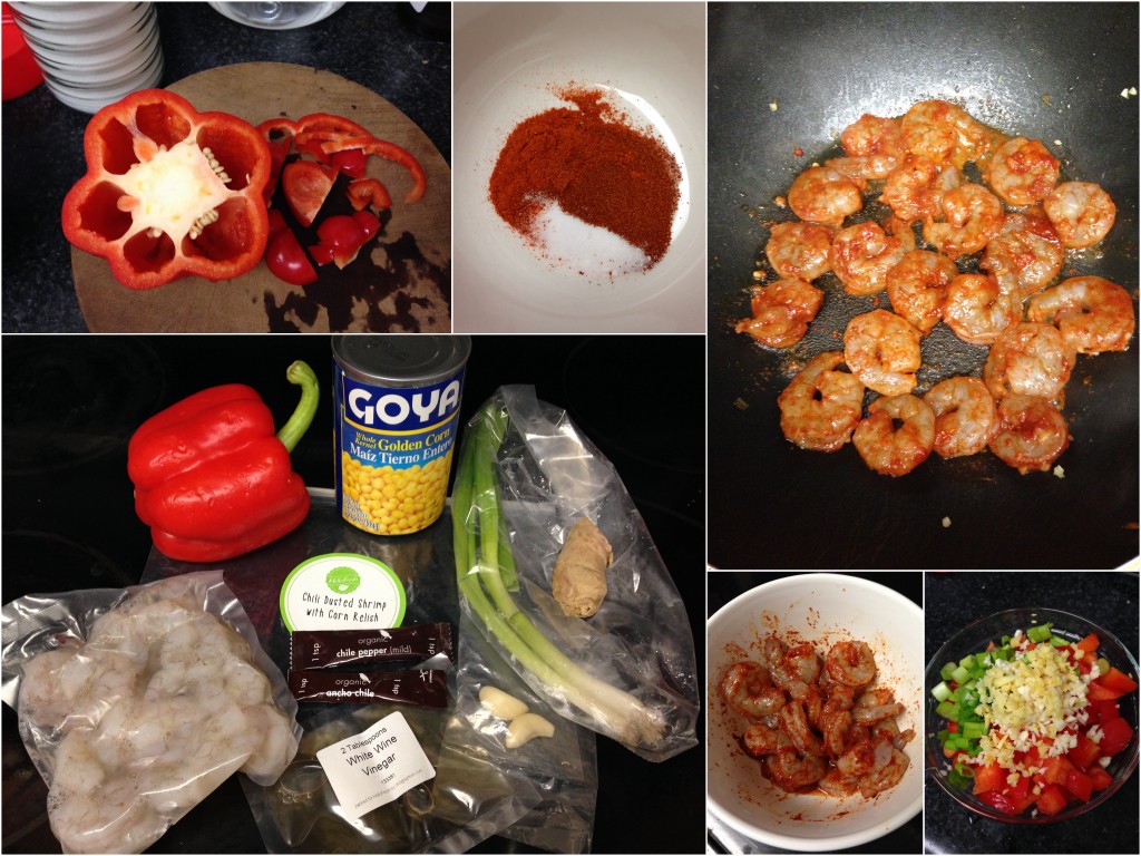 collage of hello fresh chile dusted shrimp with corn relish ingredients and meal being made