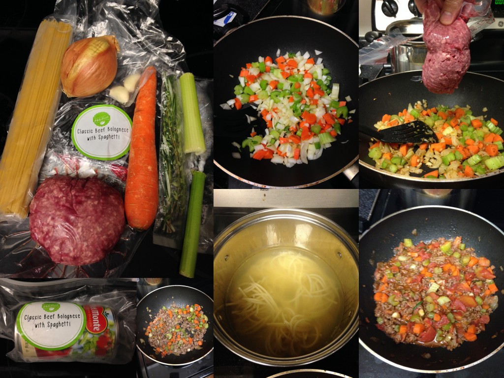 collage of hello fresh classic beef bolognese ingredients and meal being made