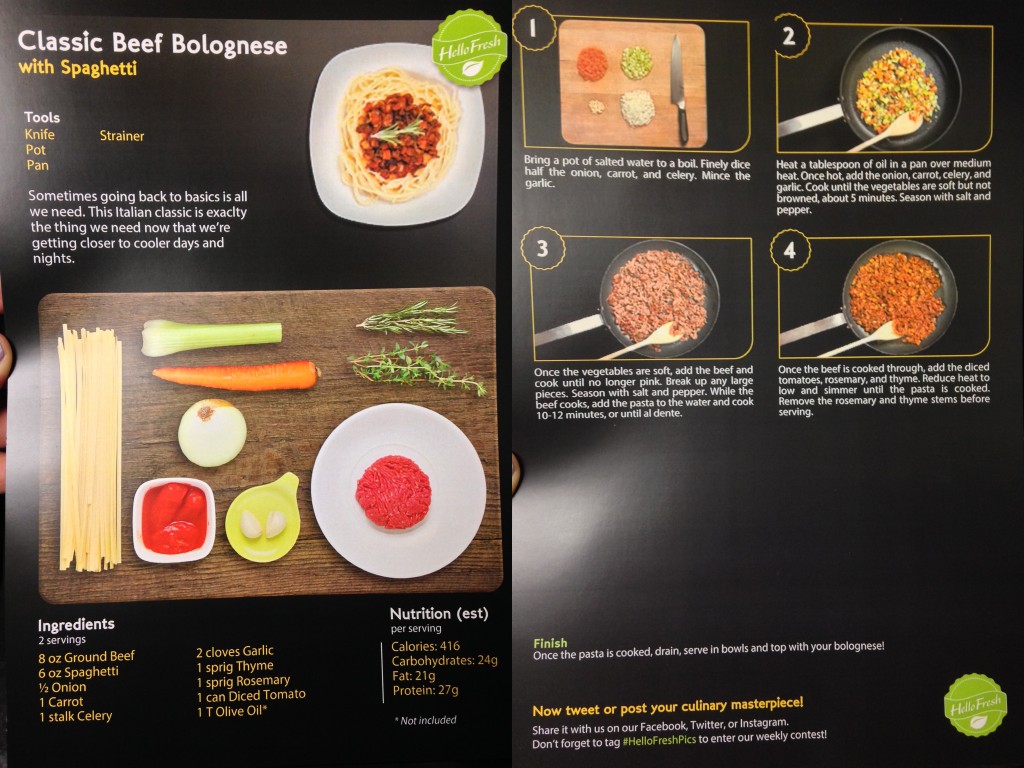 collage of hello fresh classic beef bolognese with spaghetti recipe card