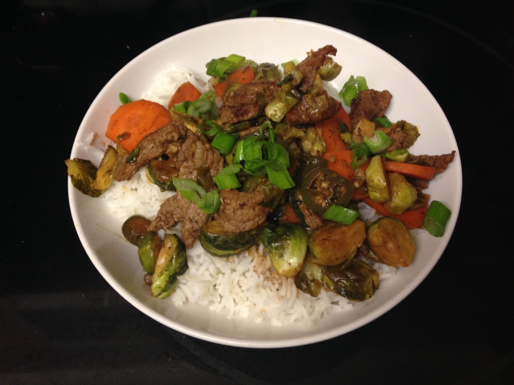 hello fresh steak and brussel sprouts stir-fry dish finished product