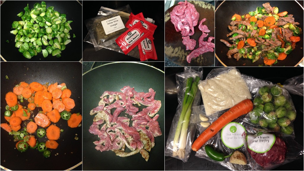 collage of hello fresh steak and brussel sprouts stir-fry ingredients and meal being made