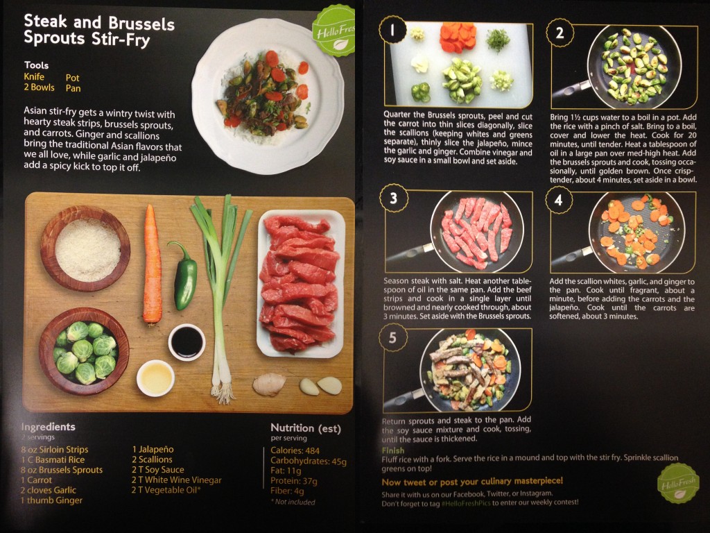 collage of hello fresh steak and brussel sprouts stir-fry recipe card