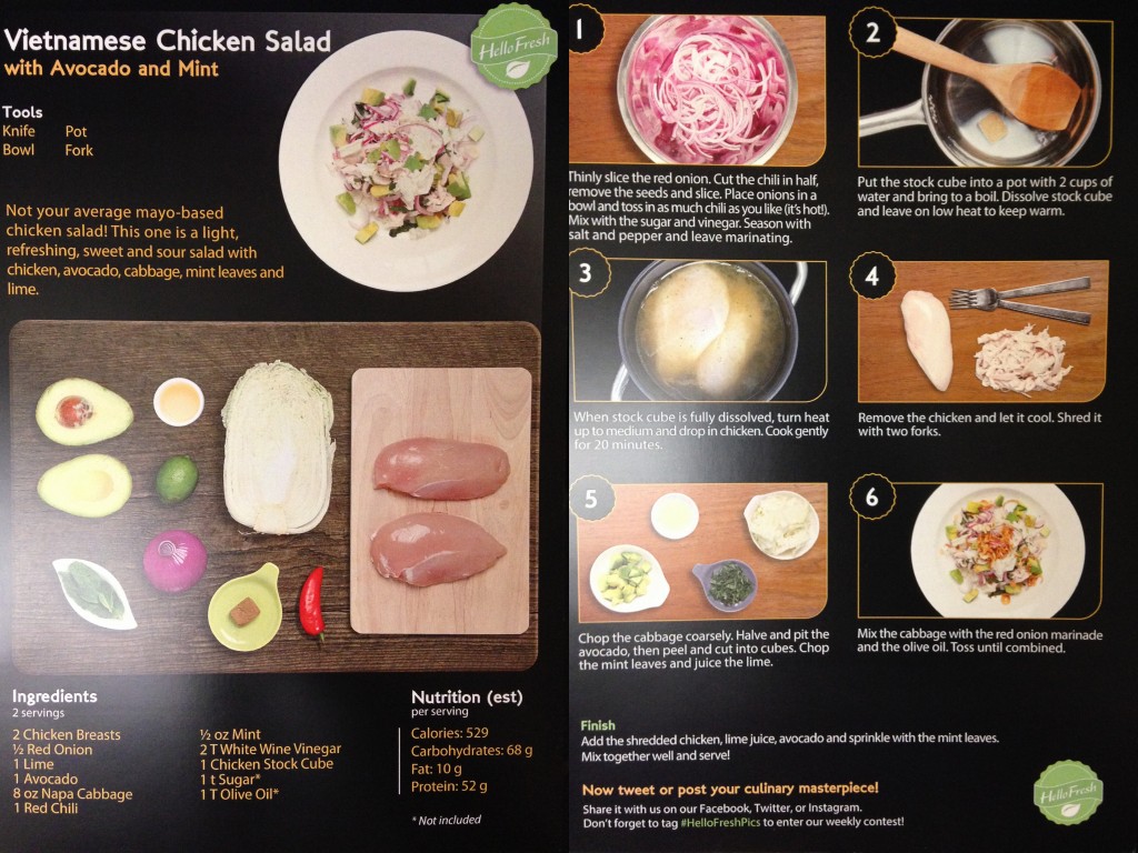 collage of hello fresh vietnamese chicken salad with avocado and mint recipe card