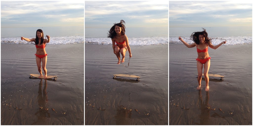 collage of girl in orange bikini jump roping off skateboard on sand with piece of seaweed