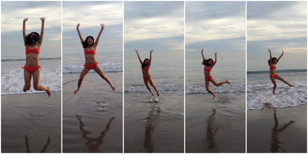 collage of girl in orange bikini jumping midair at beach