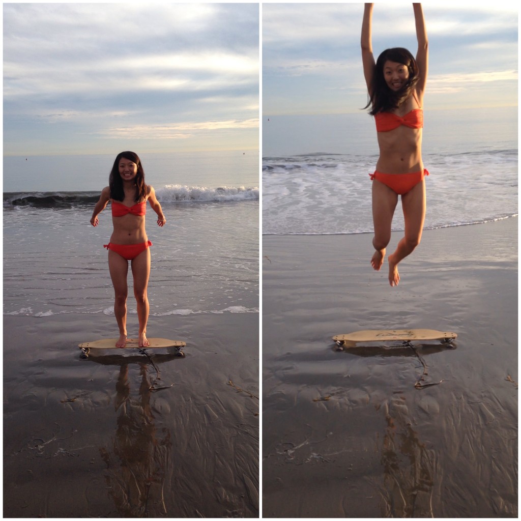 collage of girl in orange bikini jumping off skateboard on beach
