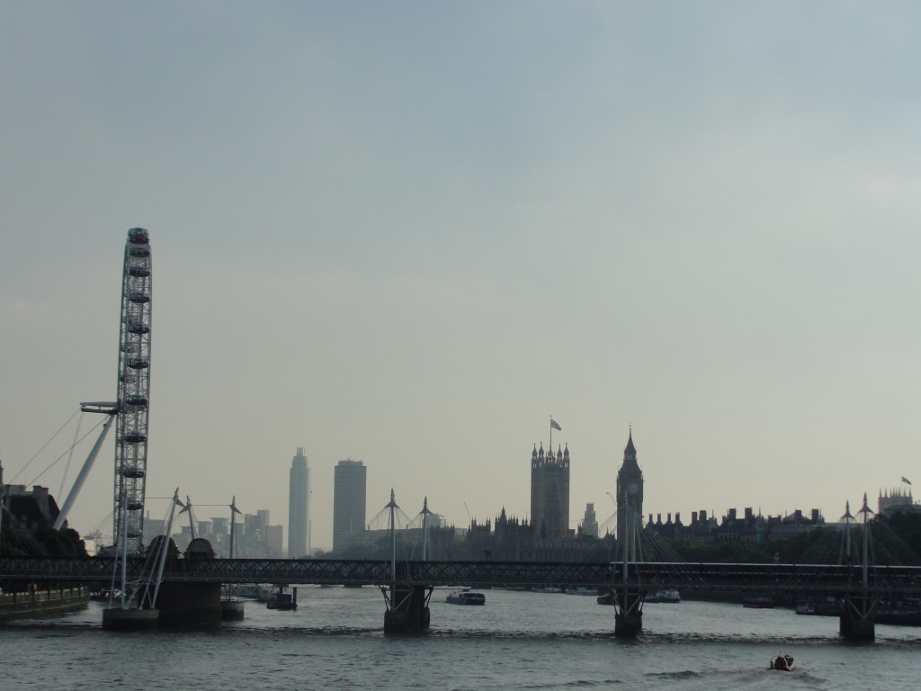 view of london eye, british parliament, and big ben from waterloo bridge