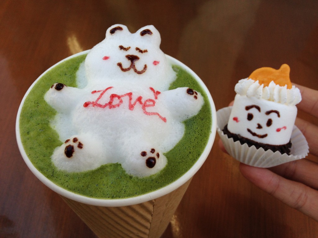 green tea latte art drink and marsh-minion treat from love to go in san gabriel