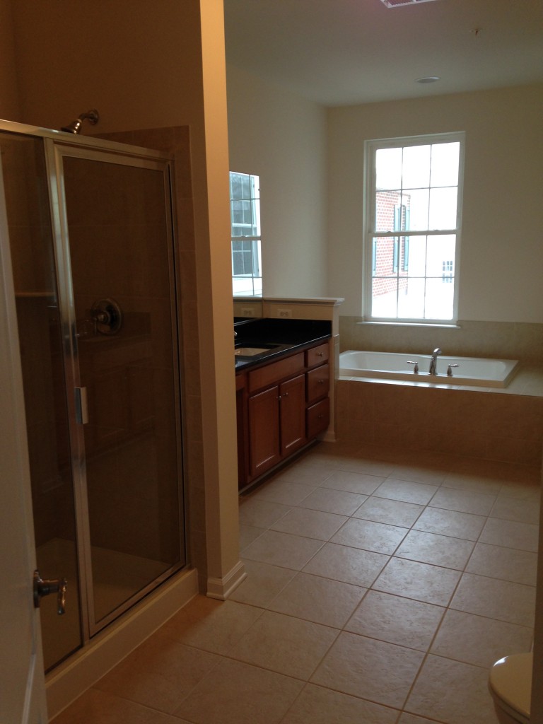 master bathroom with standing shower, bath tub, sinks on opposite sides, and toilet