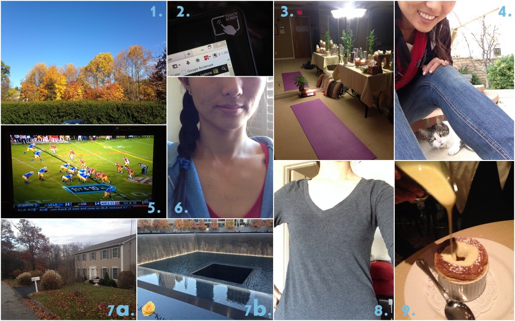 collage of november 2013 favorites including fall colors, touchscreen laptop, yoga, going home, bruins football, fun hair styles, revisiting new york, long sleeve v-necks, and pumpkin flavored