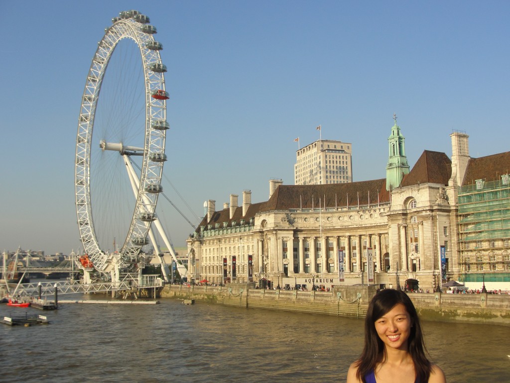 girl posing with view of london eye and aquarium