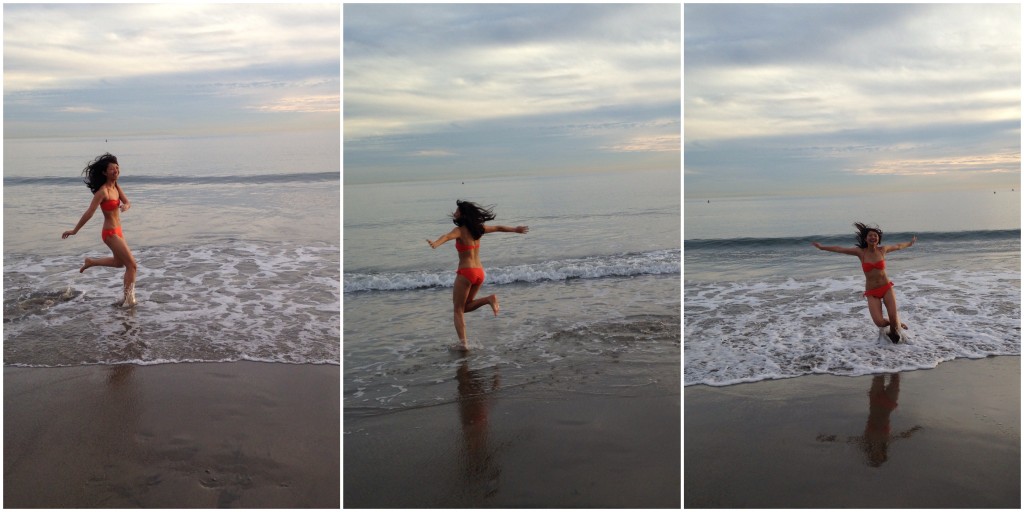 collage of girl in orange bikini running around on beach in shallow ocean water