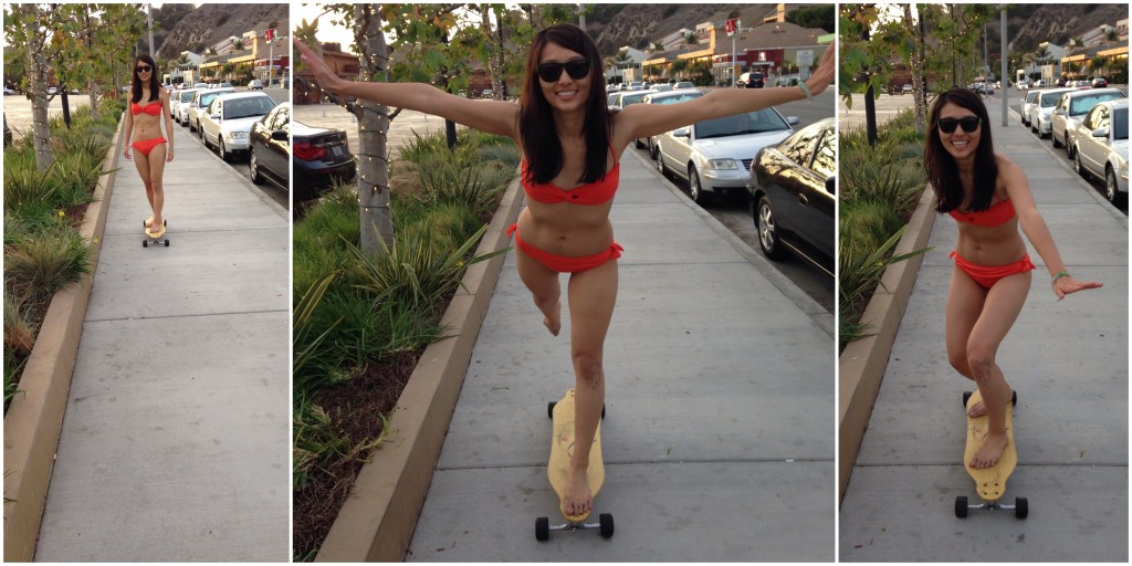 collage of girl in orange bikini wearing sunglasses playing on skateboard
