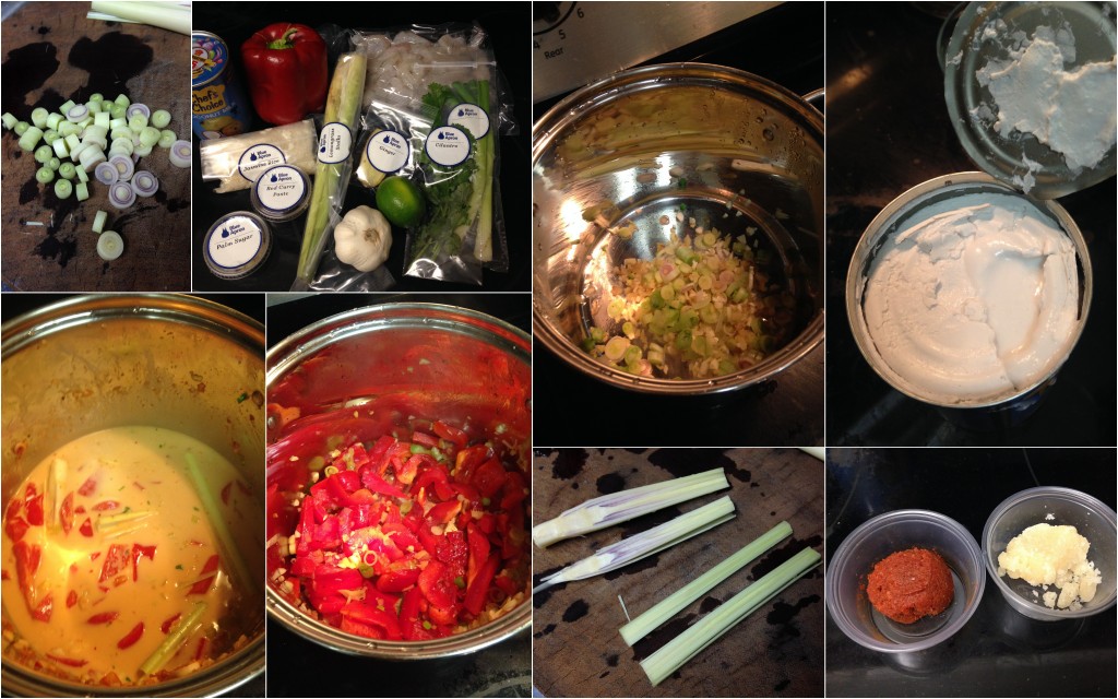 collage of blue apron thai coconut shrimp soup with lemongrass and red curry ingredients and meal being cooked