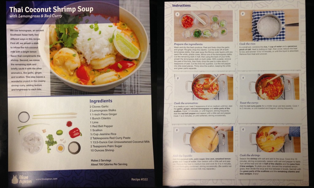 collage of blue apron thai coconut shrimp soup with lemongrass and red curry recipe card
