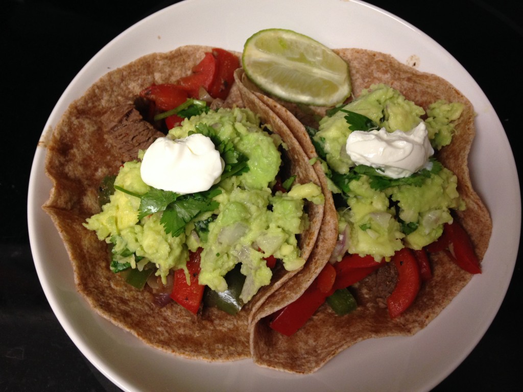 blue apron top round steak fajitas with guacamole and whole wheat tortillas finished product