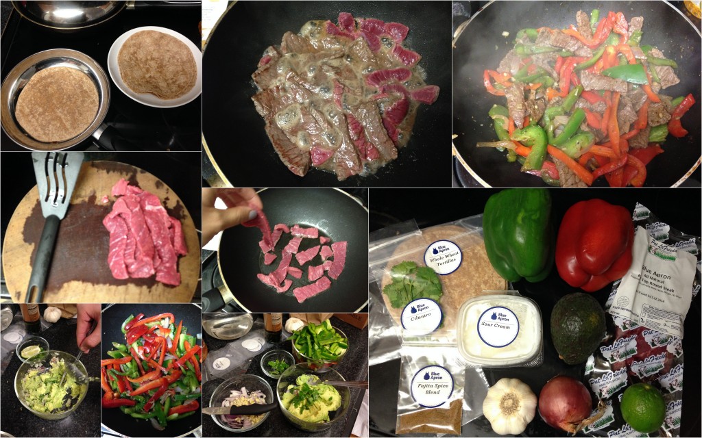 collage of blue apron top round steak fajitas with guacamole and whole wheat tortillas ingredients and meal being cooked