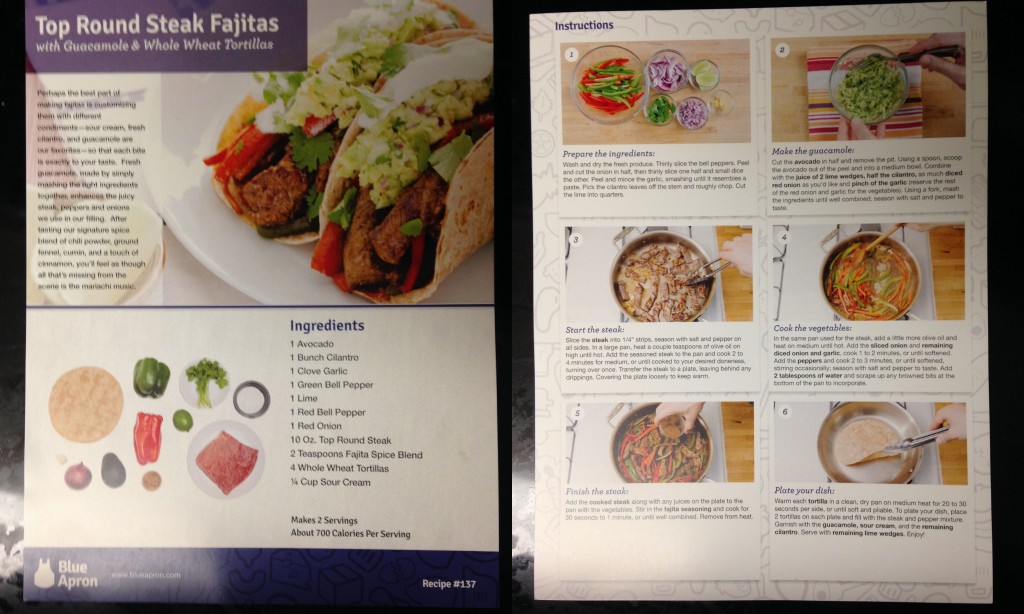 collage of blue apron top round steak fajitas with guacamole and whole wheat tortillas recipe card