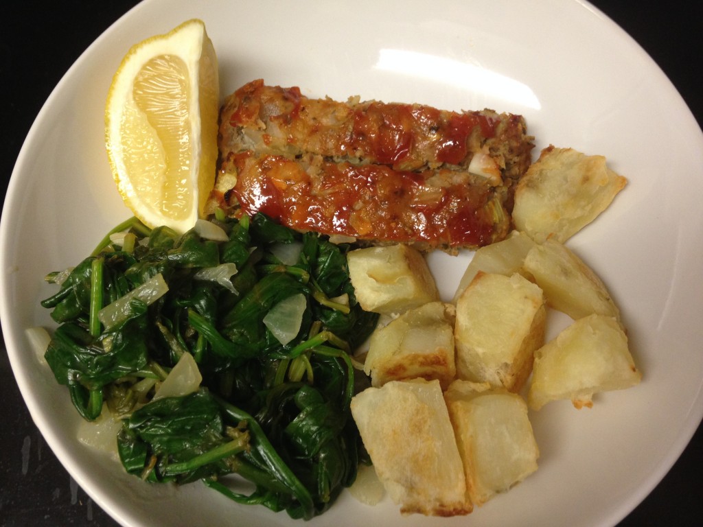 blue apron turkey meatloaf with roasted potatoes and sauteed spinach finished product