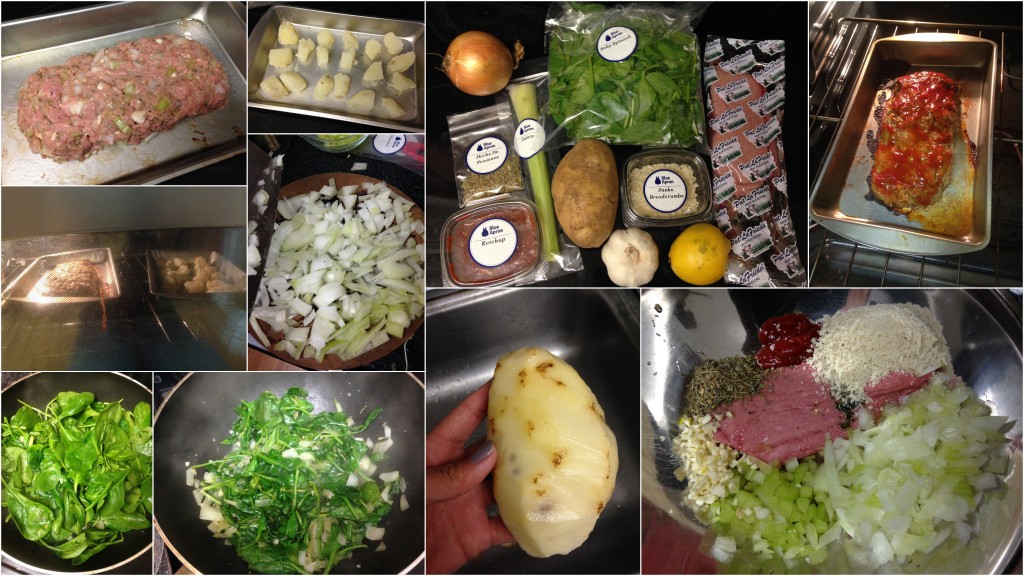 collage of blue apron turkey meatloaf with roasted potatoes and sauteed spinach ingredients and meal being cooked
