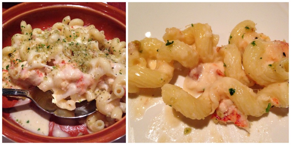 collage of carrabbas lobster mac & cheese sample