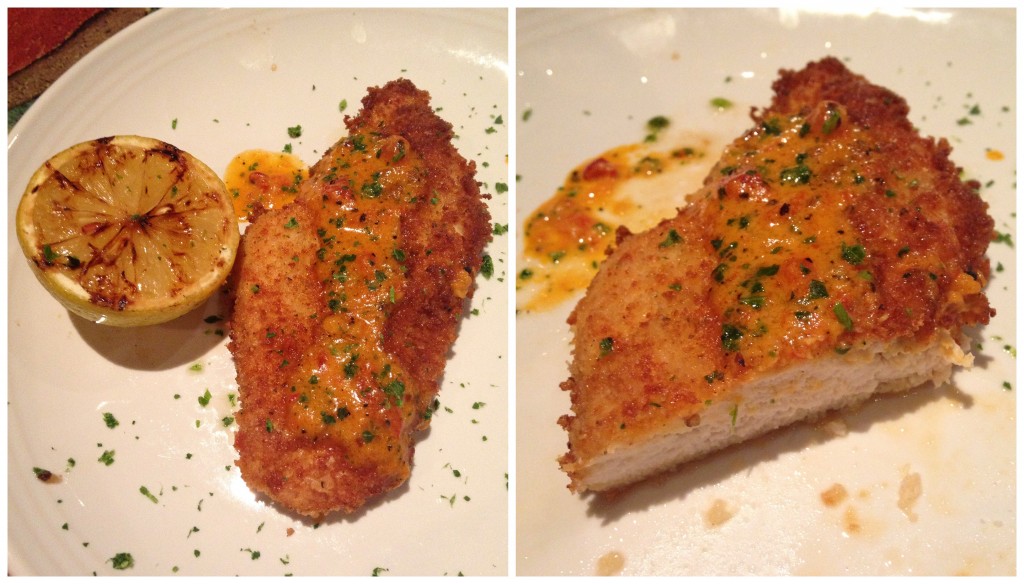 collage of carrabbas parmesan-crusted chicken entree sample