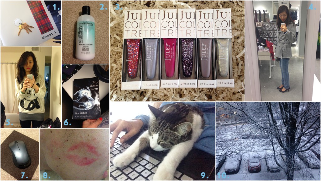 collage of december 2013 favorites including home ownership, vitabath lotion, julep, wrapp deals, sweaters, reading, wireless mouse, red lips, cat time, and snow