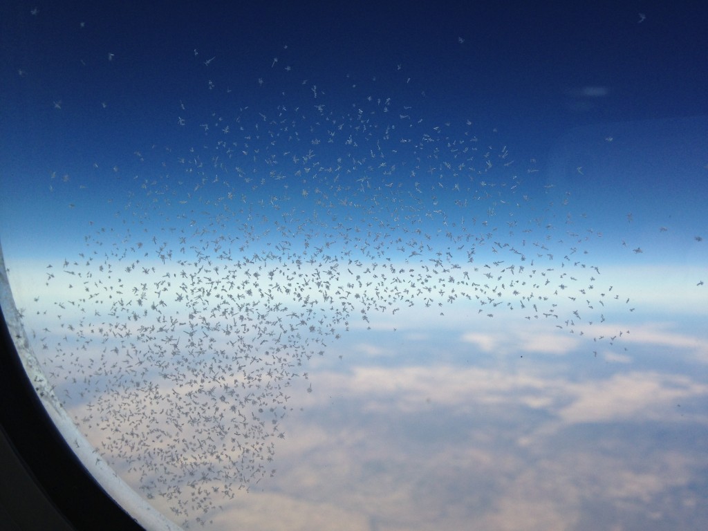 tiny ice crystals formed on exterior of plane window