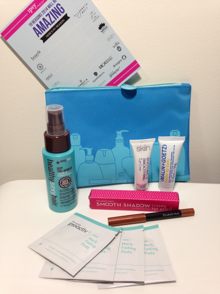 ipsy january 2014 bag items with card including sexyhair soy tri-wheat leave-in conditioner, skiin soothing & smoothing eye cream, malin+goetz mojito lip balm, elizabeth mott smooth shadow creamy eye pencil in penny, and proactiv+ mark fading pads