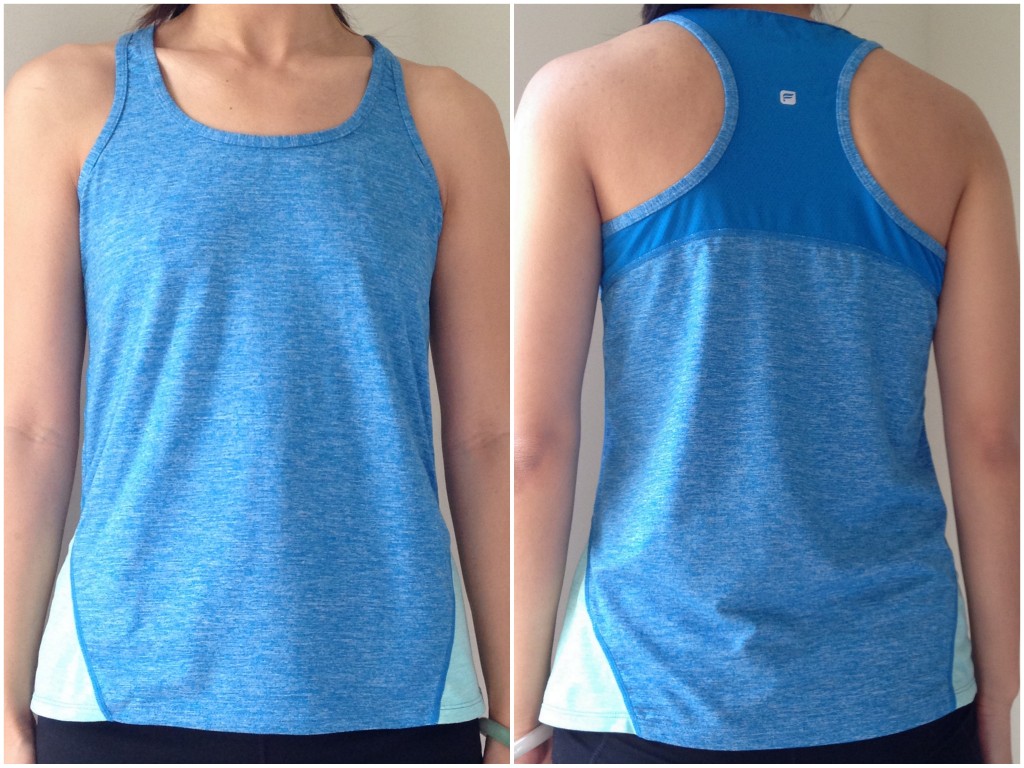 collage of front and back of fabletics leon tank in cerulean and mint