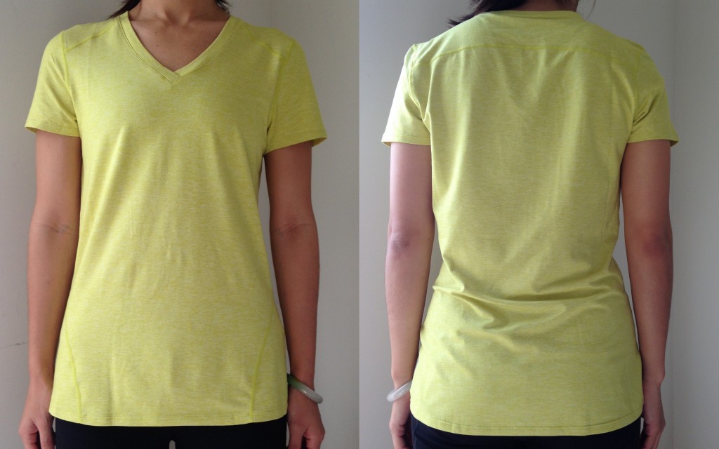 collage of front and back of fabletics lorida v-neck top in ultra lemon heather