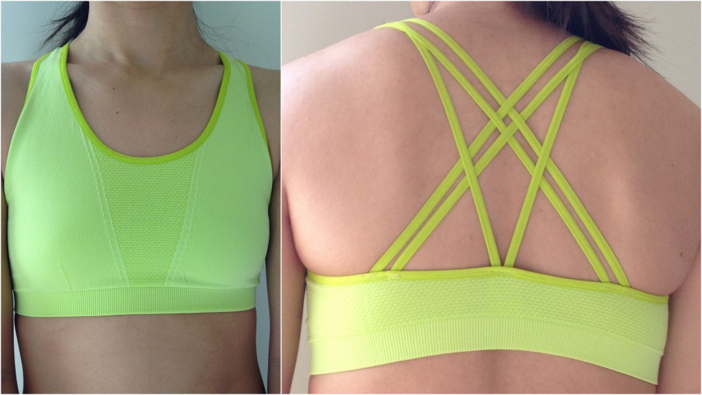 collage of front and back of fabletics vaasa sports bra in ultra lemon