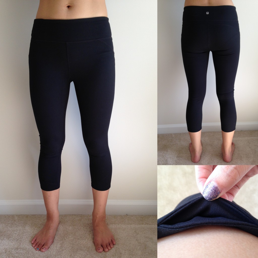 collage of front, back, and hidden pocket of fabletics lima capri in black