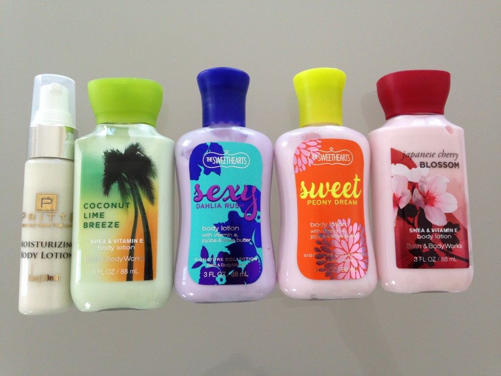 set of travel lotions including pritte body lotion and four scents of bath & body works lotions