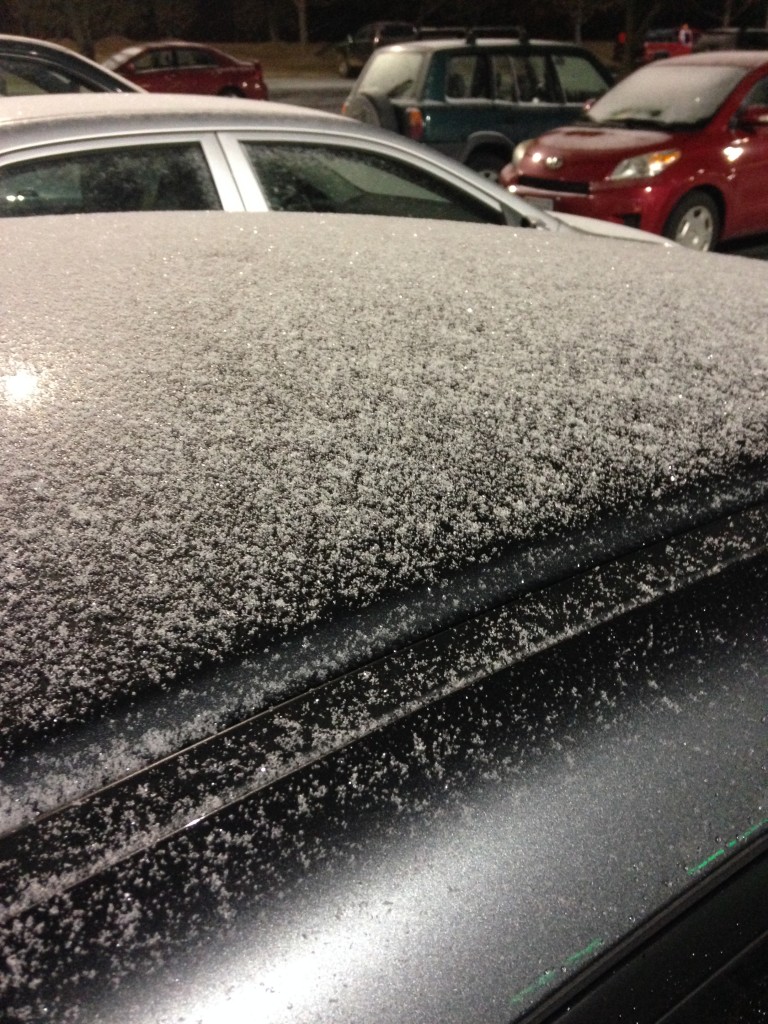 glittery layer of snow dusting on roof of car