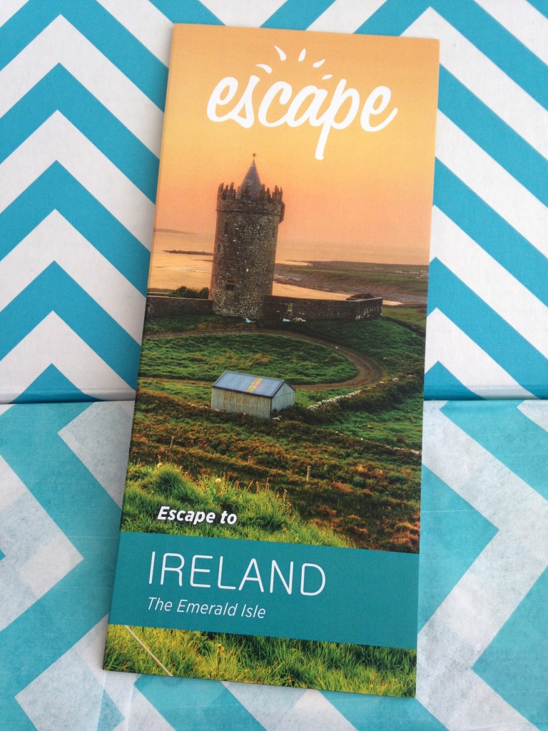 escape monthly march ireland box info card against blue and white chevron background