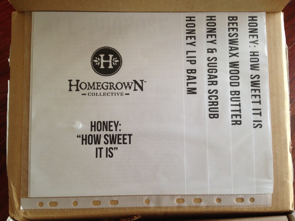 inside of honey how sweet it is homegrown collective box with the info sheets on the inner lid